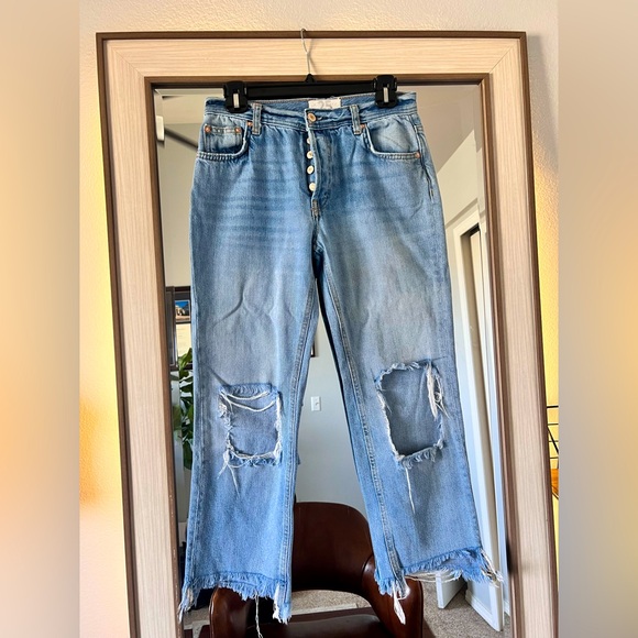We The Free Denim - We The Free People Jeans Womens Size 25 Blue Cropped Distressed Denim Button Fly